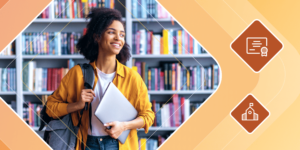 A female international student stands in a sunny library while holding a laptop and wearing a backpack. She is framed with a yellow background and icons of a diploma and a school.