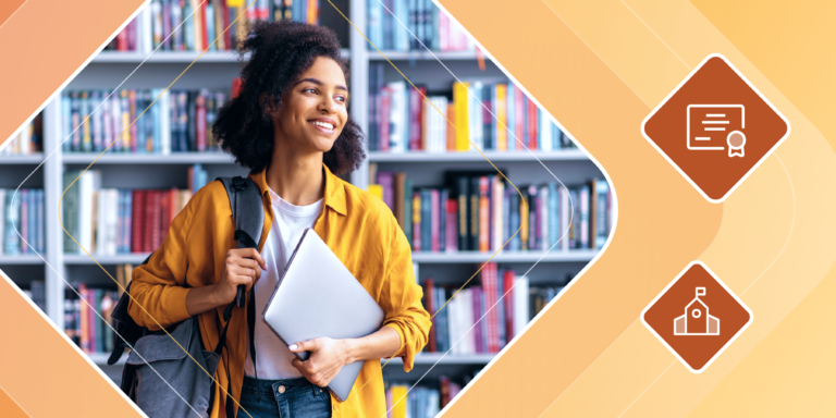 A female international student stands in a sunny library while holding a laptop and wearing a backpack. She is framed with a yellow background and icons of a diploma and a school.