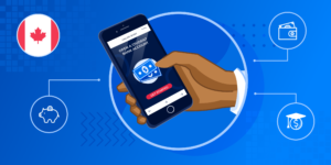 An illustration of a person holding a phone with a Canadian flag in the corner.