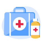 A blue case and a yellow bottle with a red cross, symbolizing first aid and medical care