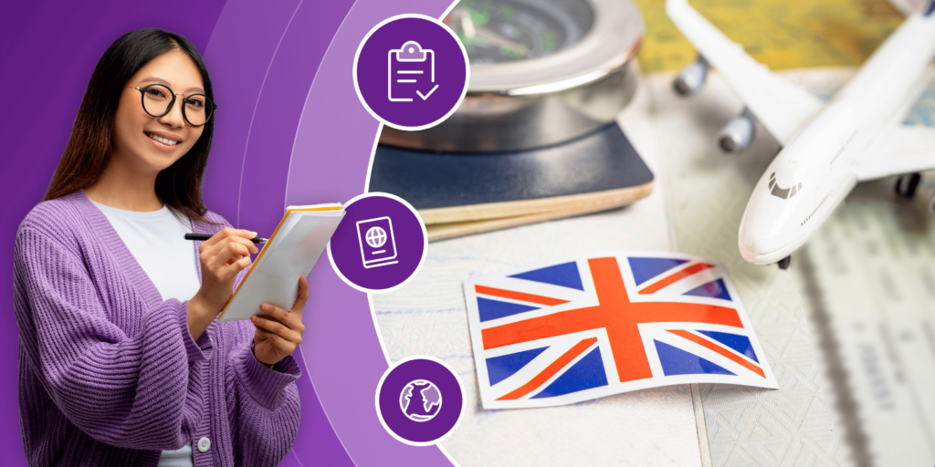 A collection of visa documents, a model airplane, and a flag of the United Kingdom sit on a desk, representing post-study visa paperwork.