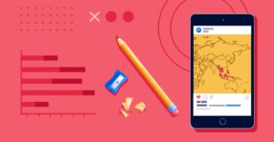 A smartphone showing a map of Southeast Asia and some school supplies