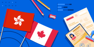 The Hong Kong flag, the Canadian flag, a passport, and some school supplies.