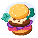 A stylized hamburger, with lettuce, cheese, a patty, onions, tomatoes, and a sesame seed bun.