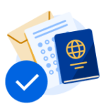 Documents (envelope, passport, test result) with a blue checkmark over top.