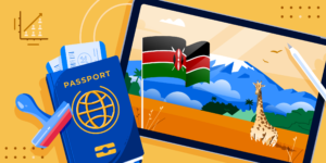 ApplyInsights: Study Permit Trends in Canada – Kenya banner featuring a passport, a stamp, a Kenyan flag, and a postcard with a giraffe