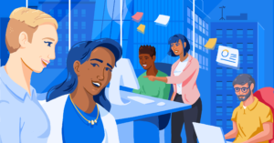 An illustration of students working in an office.