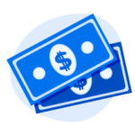 Two cartoon blue dollar bills, stacked at an angle.