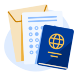 A passport and envelope with application documents, such as a statement of purpose and proof of funds for Canada student visa.