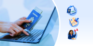 A blend of a photo of a laptop with various graphic illustrations surrounding it.