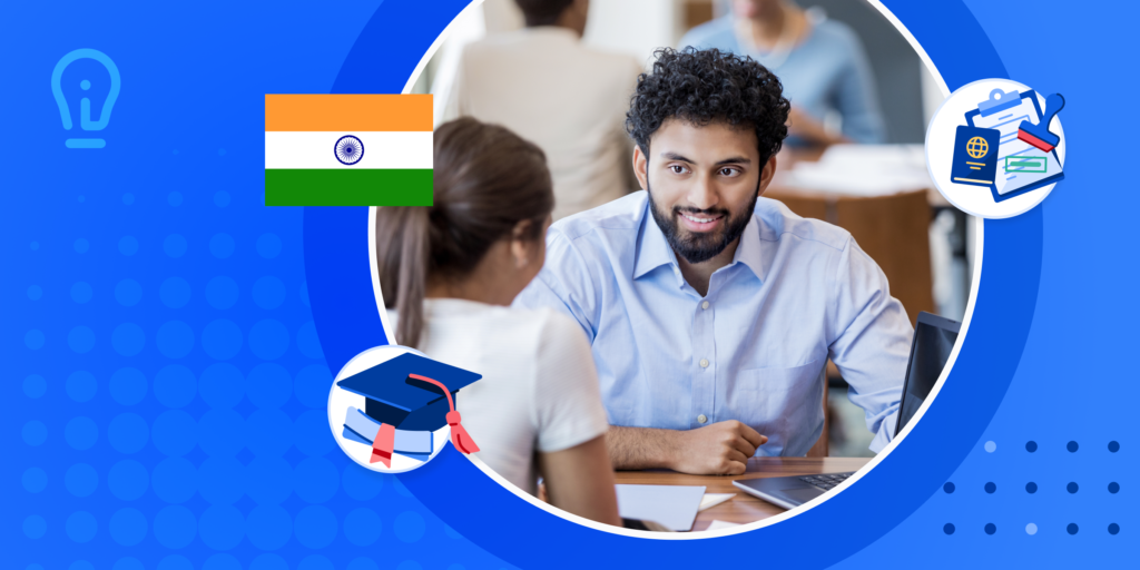 A pair of students, a graduation cap and diploma, and the Indian flag.