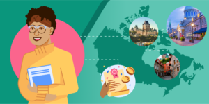 An illustrated map of Canada overlaid with scenic photos of Quebec and an illustration of a student with glasses.