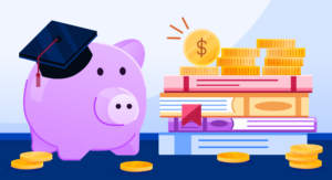 An illustration of a purple pig with a grad hat on standing beside a pile of books with coins sitting on top, representing scholarships available to students.