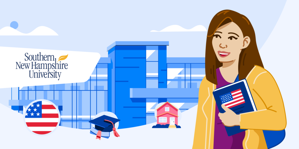 A student stands in front of an illustrated school building.