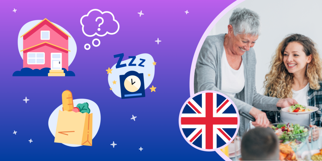 A photograph of a senior woman and a young woman at a dinner table with salad. Illustrative elements (an UK flag, a house, a thought bubble) are overlaid.
