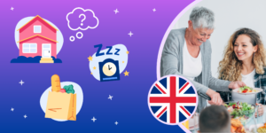 A photograph of a senior woman and a young woman at a dinner table with salad. Illustrative elements (an UK flag, a house, a thought bubble) are overlaid.