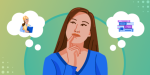 An illustration of a thoughtful student deciding between studying or working.