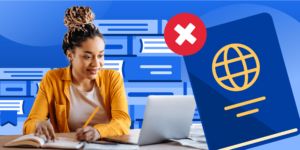An illustration of a woman behind a laptop, with a rejected passport beside her.