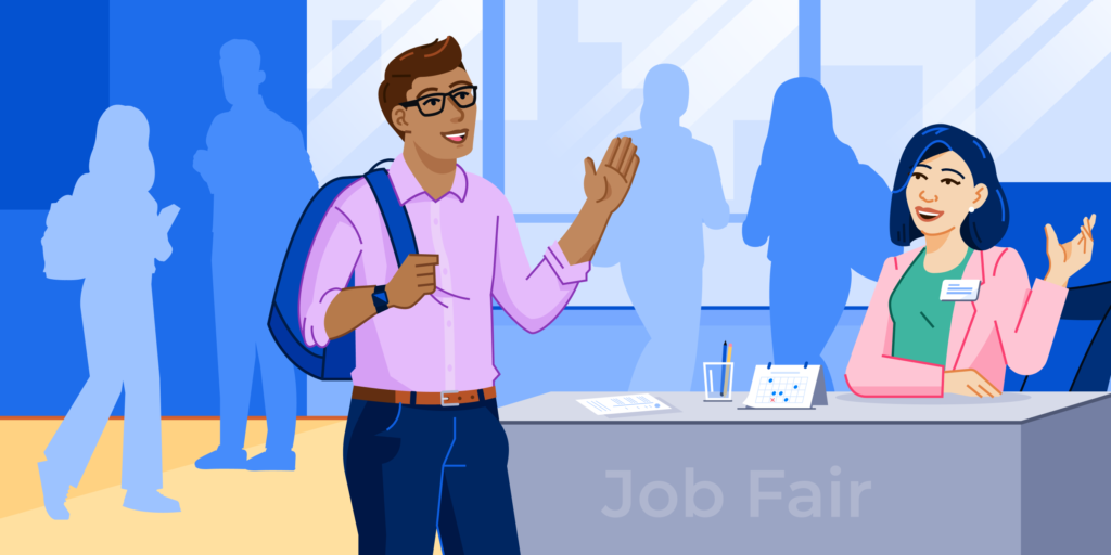 An illustration of a student joining an extracurricular campus job fair speaking to someone behind a table.