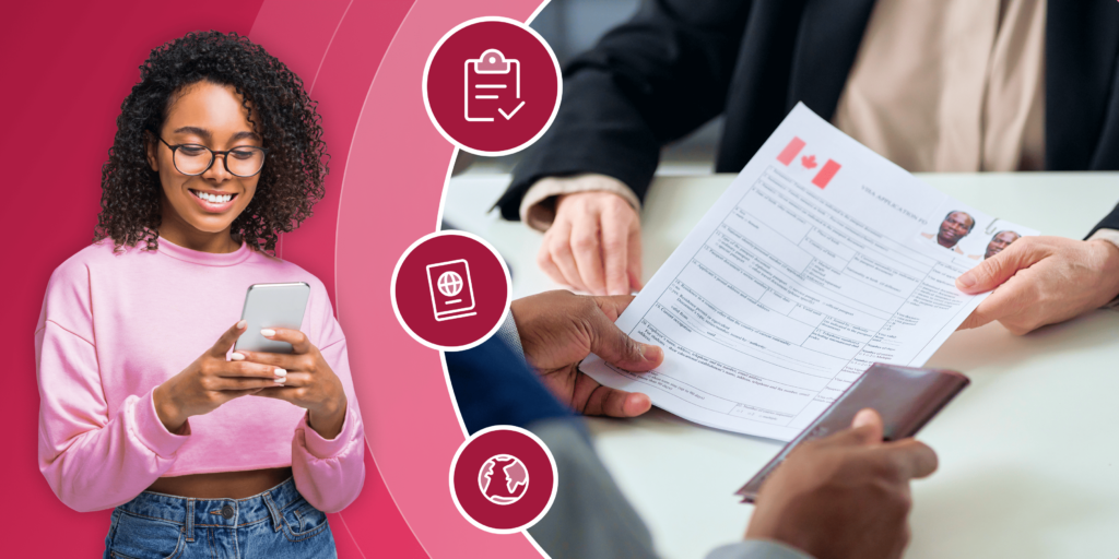 International students holding a phone next to another person being handed a Canadian visa application form