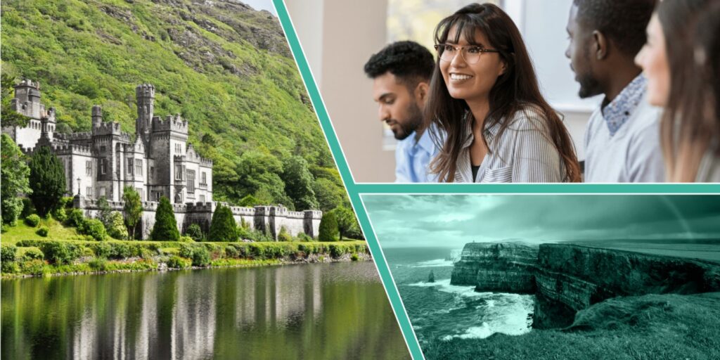 Illustration of Ireland's castles and nature, alongside photos of students in a classroom.