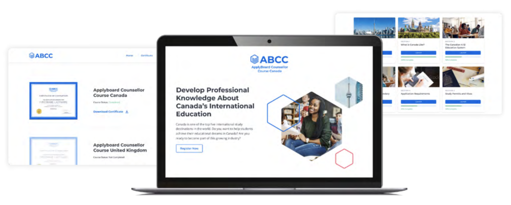 Multiple screenshots of the ApplyBoard Counsellor Courses (ABCC).