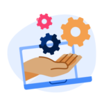 A hand emerges from a laptop screen, over which hovers three colourful gears.