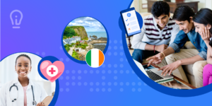 A banner with pictures illustrating health programs, Ireland, and students studying.