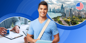 A smiling international student holds a laptop in front of a blue background, which also features circular pictures of a city and someone approving a visa application form