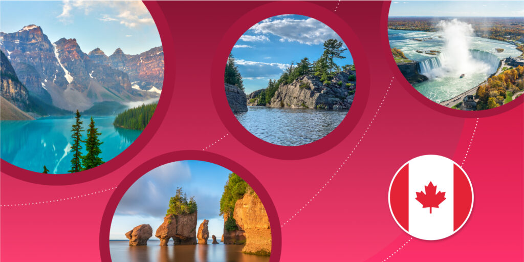 A variety of Canadian landscapes: the Rocky Mountains and a blue-green lake; Bay of Fundy sandstone rocks at low tide, Niagara Falls, and a rocky lakeside