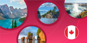 A variety of Canadian landscapes: the Rocky Mountains and a blue-green lake; Bay of Fundy sandstone rocks at low tide, Niagara Falls, and a rocky lakeside