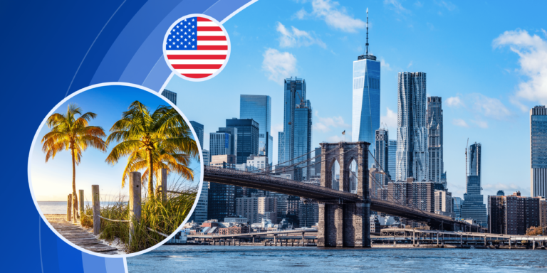 A picture of a city skyline with the US flag and an inset picture of a beach
