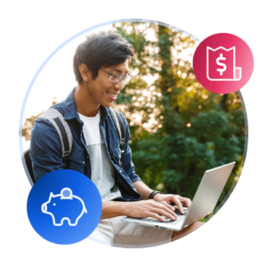 A male international student sits with an open laptop on campus at sunset or sunrise.