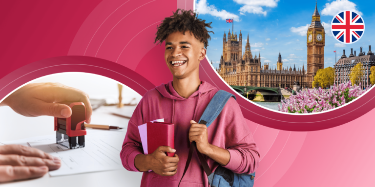 International student with a backpack holding books smiling in front of pictures of UK Parliament and someone stamping a visa form