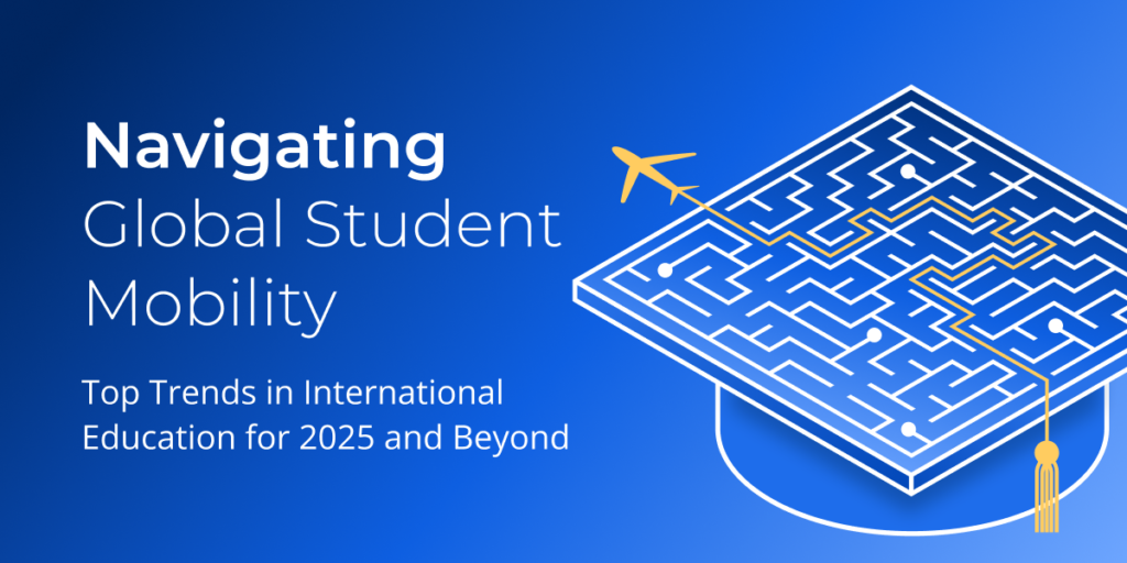A graduation cap with a maze embedded on the top of it, with a yellow tassel and a cartoon plane taking off from the exit of the maze on a deep blue background, along with Trends Report 2025 wording.