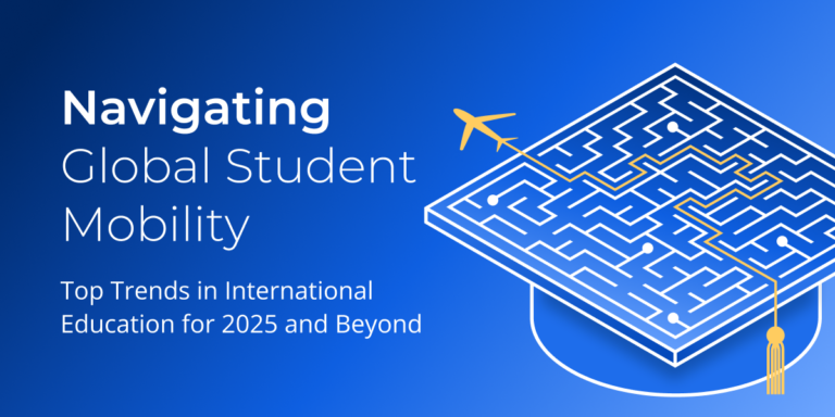 A graduation cap with a maze embedded on the top of it, with a yellow tassel and a cartoon plane taking off from the exit of the maze on a deep blue background, along with Trends Report 2025 wording.