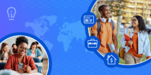 International students in campus settings sit at tables and walk through outdoor spaces.