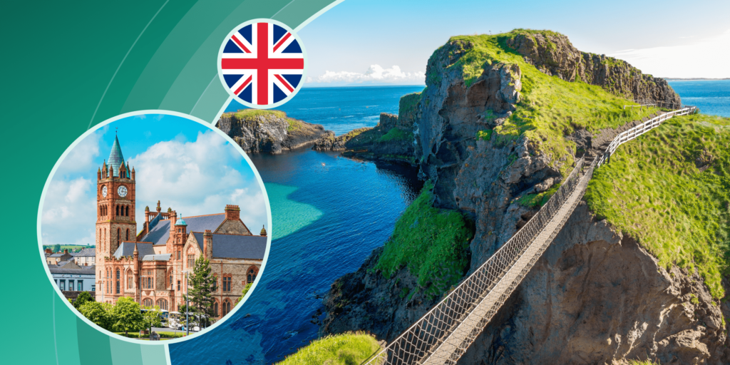 Blog banner image for Northern Ireland featuring photos of castle and cliffs in Northern Ireland, along with an illustration of the UK flag