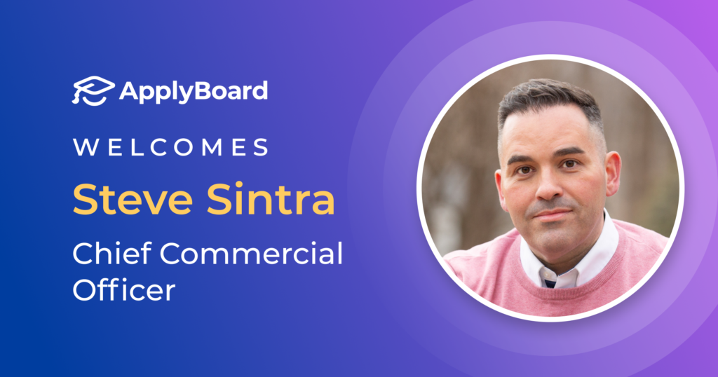 A headshot of Steve Sintra is framed by the ApplyBoard logo, his name, and his new CCO title on a blue and purple illustrated background.