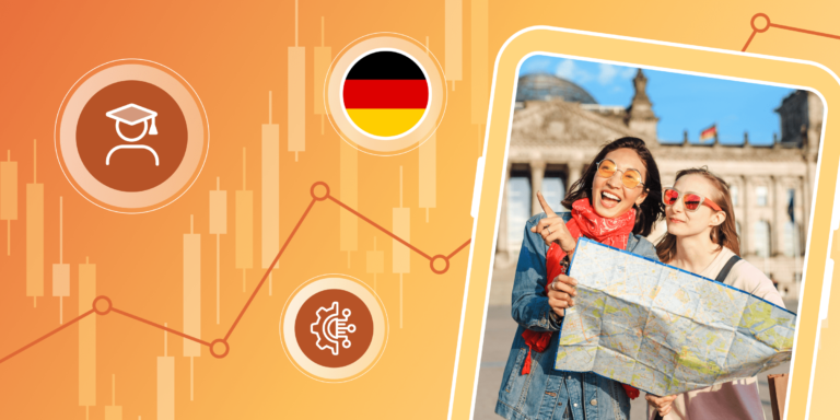 ApplyInsights blog banner with a chart illustrated over a yellow background, accompanied by round illustrations of a student, the German flag, and a gear next to a phone screen frame with a picture of two students in Germany looking at a map