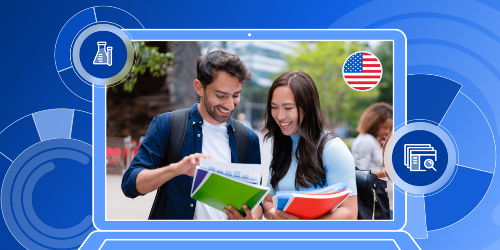 An illustration of a laptop featuring a picture of two students on its screen, next to a round illustration of the US flag, all on a blue background