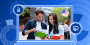 An illustration of a laptop featuring a picture of two students on its screen, next to a round illustration of the US flag, all on a blue background