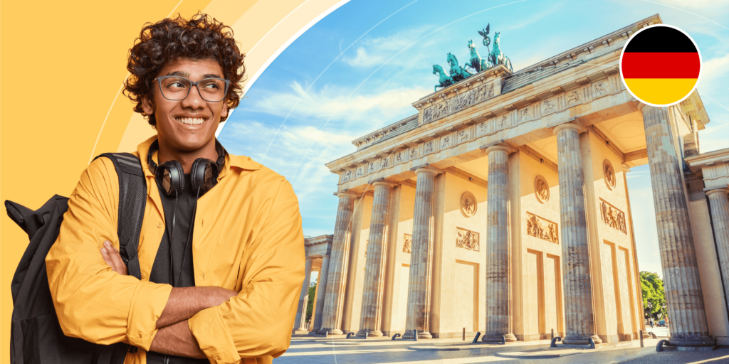 An international student with a backpack and headphones smiles with his arms crossed. The background of the image features Germany's Brandenburg Gate as well as a German flag illustration.