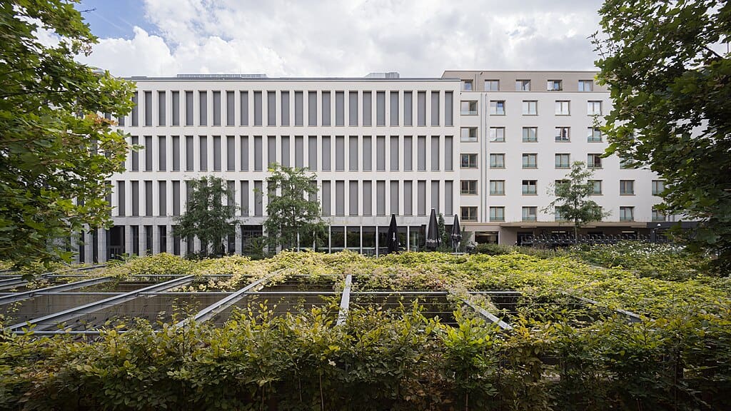 Minimalist three-storey academic buildings rise behind a green courtyard space in the Wiesbaden, Germany campus of Hochschule Fresenius.