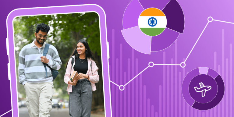 Two Indian international students walk on a path surrounded by green trees. They are framed by an illustrated background featuring the Indian flag and a line chart with points in an upwards trajectory.