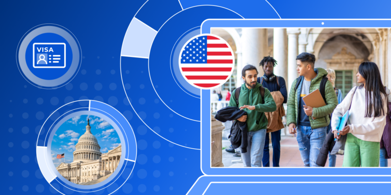 A group of international students walk through a walkway with pillars on a college campus. They are framed by a representation of the American flag, the White House, and a student visa.