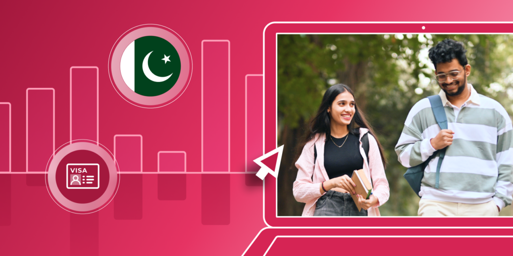 Two international students walk together on a campus pathway. Their image is framed by a red illustrated background and a Pakistani flag (a white crescent moon and a white star on a dark green field).