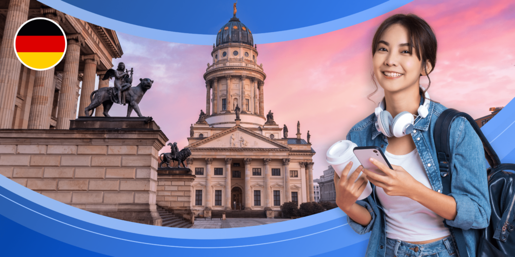 A young woman wearing headphones and a backpack, and carrying a phone and a disposable coffee cup is framed by the German flag and two impressive stone buildings with ornate sculptures at twilight.
