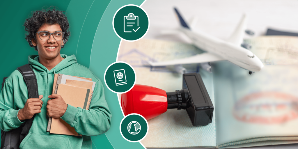 A green banner featuring a student wearing glasses and a green hoodie holding books, a stamped passport with a small plane on it, and illustrations of a checklist, passport, and globe