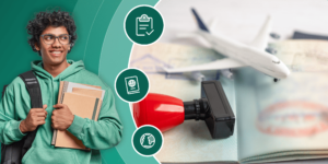 A green banner featuring a student wearing glasses and a green hoodie holding books, a stamped passport with a small plane on it, and illustrations of a checklist, passport, and globe